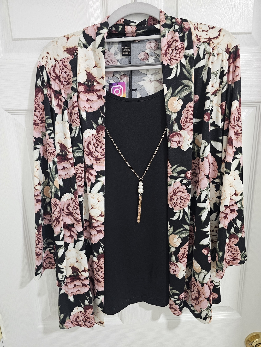 Emily Rose Black Floral Open-Front Cardigan with Black Tank